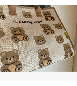 Sac cabas en toile pour femme, joli imprimé ours dessin animé sac à main, grande capacité