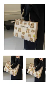 Sac cabas en toile pour femme, joli sac porté épaule imprimé ours, grand sac fourre-tout.