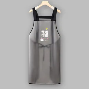 Waterproof TPU kitchen apron, oil-proof transparent grey chef bib with cute rabbit graphic design.