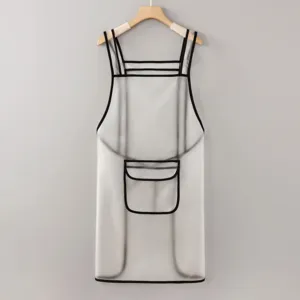 Close-up of transparent waterproof TPU apron with black trim and convenient front pocket design.