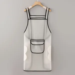 Transparent TPU waterproof kitchen apron detail with black trim and convenient wiping towels.