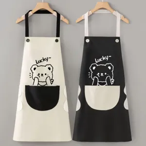 Waterproof Kitchen Apron Cartoon Bear Print Wipeable Hands Cooking Bib With Pocket Adjustable Strap Home Cooking Apron