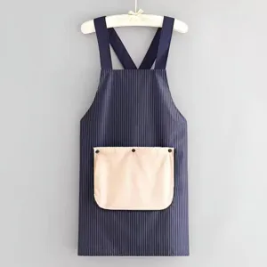 Waterproof oil-proof kitchen apron with pocket, cross back design, dark blue stripe pattern.