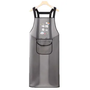 Grey TPU waterproof and oil-proof kitchen apron with pocket and cute chest print for cooking.
