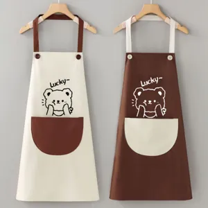Waterproof kitchen apron set with cute bear print, oil-resistant cooking bib for home and cafe.
