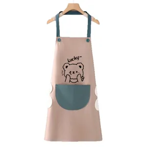 Waterproof kitchen cooking apron with cute bear pattern, wipeable hands sides, and front pocket.