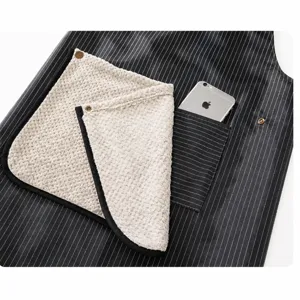 Waterproof kitchen apron with detachable wiping towel, oil-proof striped cooking workwear.