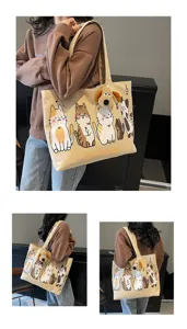 Canvas tote bag for women, large capacity cartoon cat shoulder bag with cute plush toy.