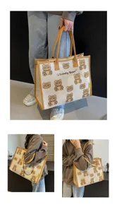 Sac cabas en toile imprimé d'ours mignon, grand sac à main décontracté vue détaillée.
