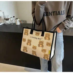 Sac cabas en toile avec motif d'ours mignon, grande capacité sac à main décontracté.