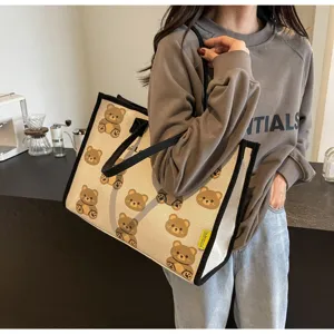 Sac cabas en toile avec motif d'ours mignon, grand sac fourre-tout décontracté pour voyage.