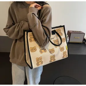 Sac cabas en toile pour femme, joli imprimé d'ours de dessin animé, grand sac à main.