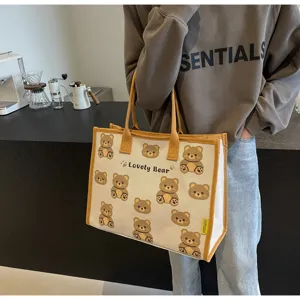 Sac cabas en toile avec motif d'ours mignon, grand sac à main tendance pour voyage et loisirs.