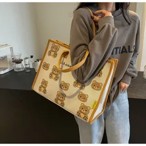 Sac cabas en toile automne hiver mignon imprimé ours dessin animé grand sac à main casual.