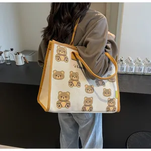 Sac cabas en toile avec impression d'ours mignon, sac à bandoulière décontracté de grande capacité.