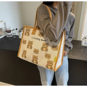 Sac cabas en toile pour femme, imprimé ours mignon, grande capacité, sac bandoulière.