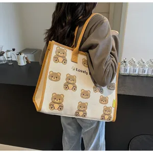 Grand sac cabas en toile pour femme, motif ours de dessin anime, sac a main decontracte.