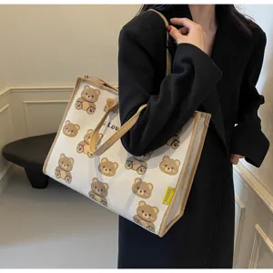 Sac cabas en toile automne hiver avec ours mignon, grand sac à main décontracté pratique.
