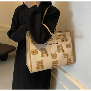 Sac cabas en toile avec motif d'ours mignon, grand sac à main décontracté d'hiver.