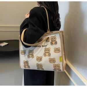 Sac cabas en toile avec motif d'ours mignon, grand sac à épaule élégant pour un usage quotidien.