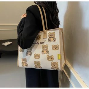 Sac cabas en toile élégant avec imprimé d'ours de dessin animé mignon, grande capacité.