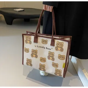 Sac cabas en toile pour femme motif d'ours mignon grande capacité sac à main décontracté