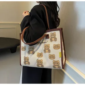 Sac cabas en toile automne hiver avec imprimé ours mignon, grand sac à main décontracté.