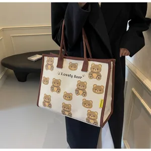 Sac cabas en toile pour femme motif d'ours mignon grande capacité sac à main