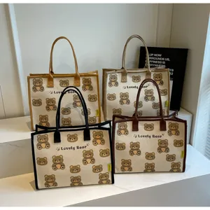 Sac cabas en toile mignon imprimé ours grande capacité sac à main épaule voyage loisir