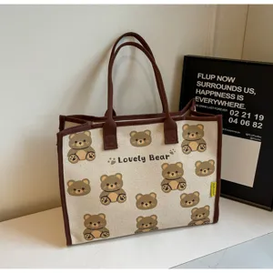 Sac cabas en toile avec imprimé d'ours mignon, grand format pour les voyages et loisirs.