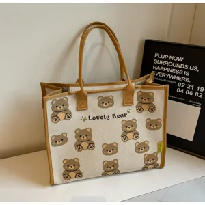 Sac cabas en toile avec joli imprimé d'ours mignon, grand sac à main décontracté élégant.