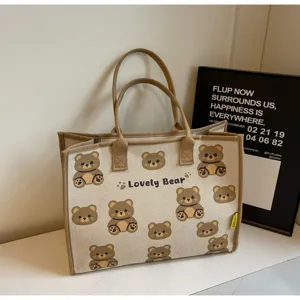 Sac cabas en toile mignon avec imprimé d'ours adorable, grand sac à main décontracté pour voyage.