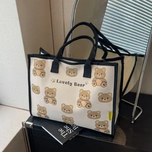 Femmes Grand Sac Tote en Toile de Grande Capacité Mignon Ours Dessin Animé Imprimé Sac à Main Voyage Décontracté Sac Bandoulière
