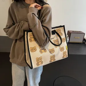 Sac cabas en toile automne hiver, sac à main mignon motif ours dessin animé grande capacité.