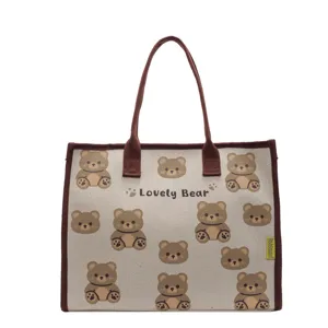 Sac cabas en toile automne hiver mignon dessin animé ours impression grand sac décontracté