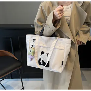 Borsa shopper in tela con ricamo panda carino, grande borsa a spalla per il lavoro quotidiano.