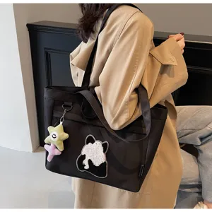 Borsa shopper in tela da donna, ricamo panda carino, grande capacità borsa a spalla.
