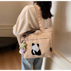 Borsa shopper in tela ricamata con panda carino, borsa a tracolla grande per le donne.