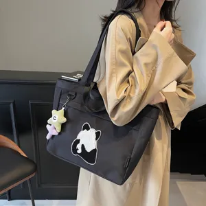 Borsa shopper in tela nera da donna, borsa a spalla grande con simpatico patch panda e stella.