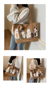 Canvas tote bag for women, large capacity shoulder bag with cute cartoon cats and plush pendant.