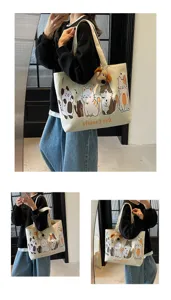 Cute cartoon cat canvas tote bag, large capacity casual shoulder bag for women and students.