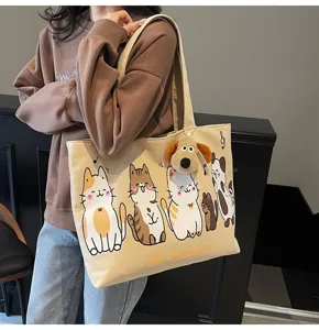 Canvas tote bag large capacity cute cat print shoulder bag casual student commuter daily