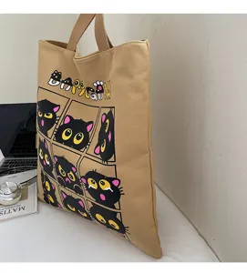 Grand sac cabas en toile mignonne impression chat noir sac d'épaule pour étudiants