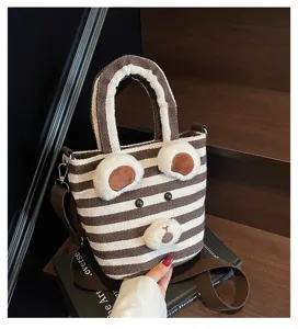 Cute striped canvas shoulder bag with bear ears detail, casual daily tote for women.