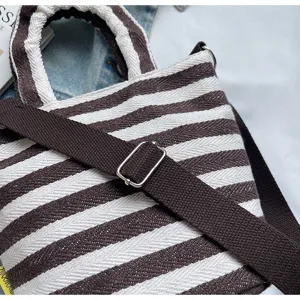Women Autumn Winter Striped Canvas Shoulder Crossbody Tote Bag Casual Commuter Handbag