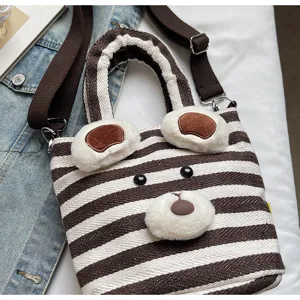 Chic brown white striped plush bear detail crossbody bag, casual cute canvas tote handbag.