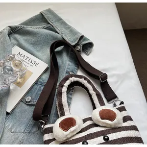 Casual striped canvas tote bag with cute plush bear ears for daily commute and style.