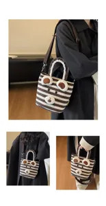 Korean style striped plush bear shoulder bag, casual cute crossbody tote bag for women.