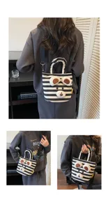 Fall winter striped canvas shoulder bag with cute plush bear design casual tote bag