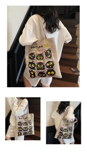 Grand sac cabas en toile avec impression de chat noir mignon pour les étudiants.
